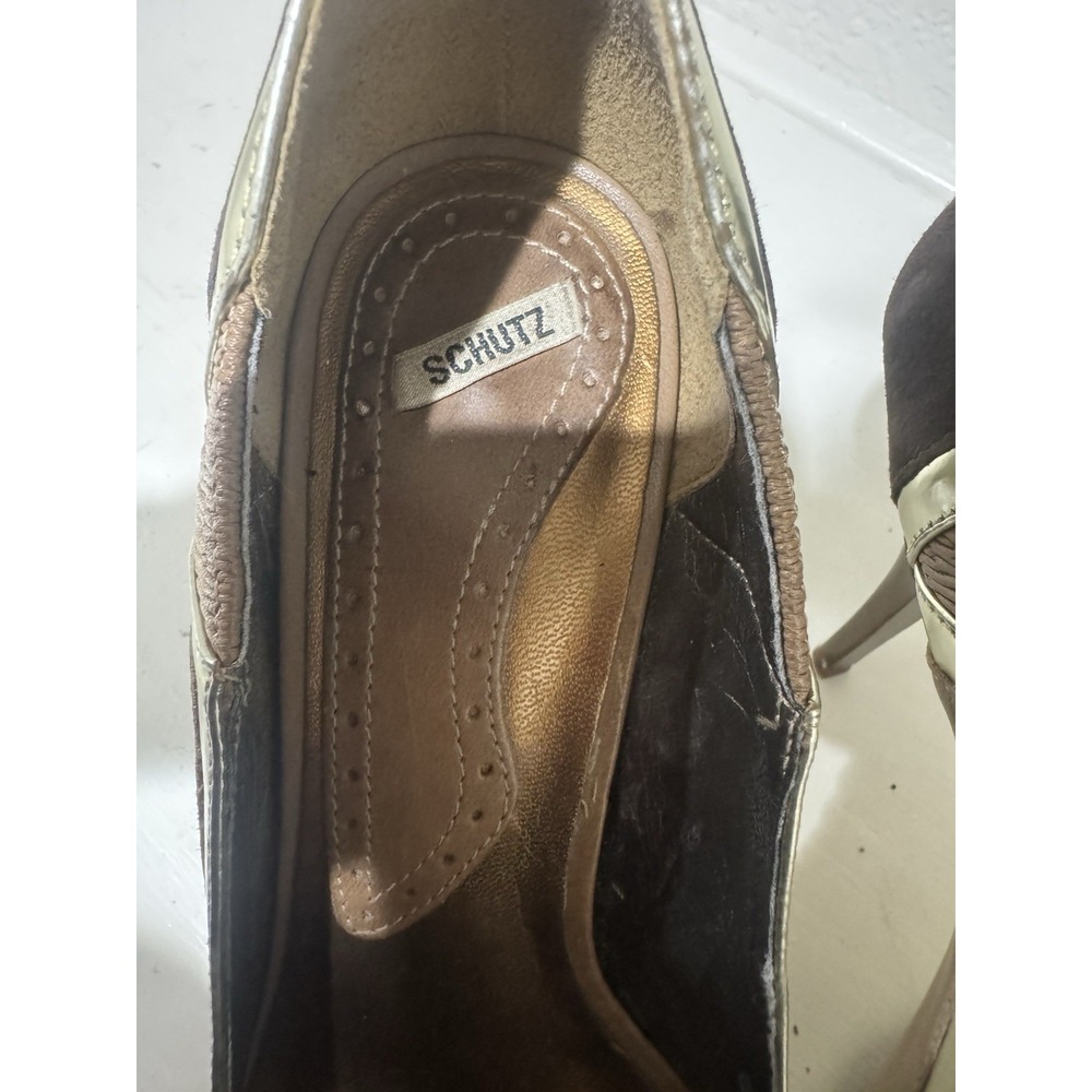 Schutz Peep Toe Heels Brown Gold‎ Metallic Stiletto Pumps Women - Picture 5 of 6
